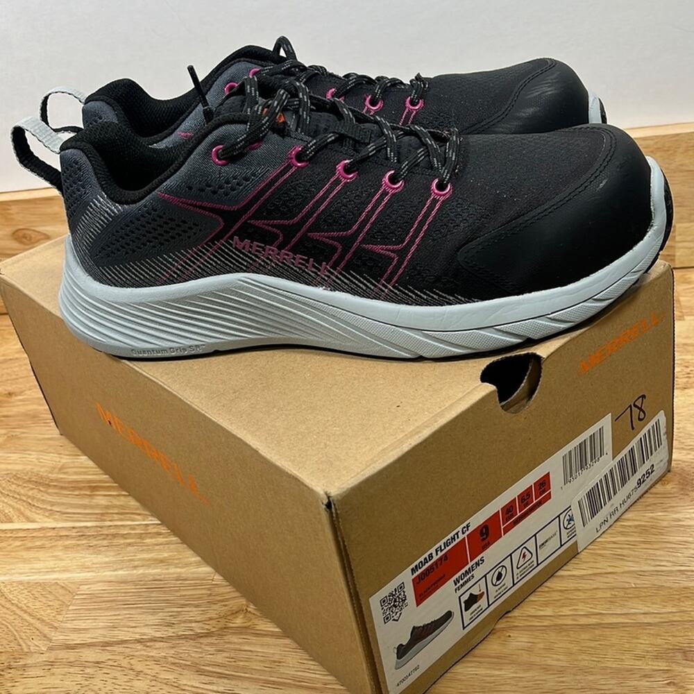 Merrell 9 Womens Black, Pink MOAB Flight CF J005174 Safety Toe Work Shoes